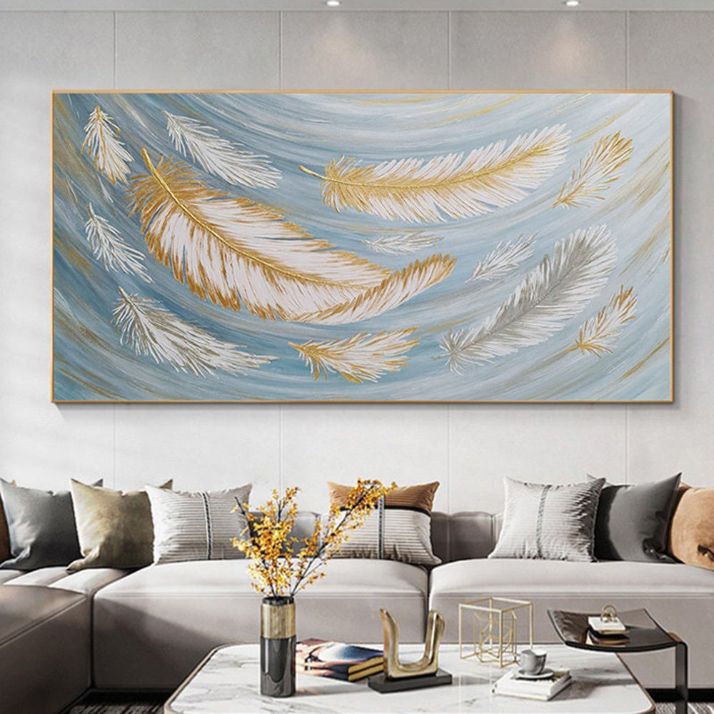 Handmade Oil Painting Abstract Feather Oil Painting on Canvas Large Original Gold White Boho Minimalist Painting Custom Painting Living Room Wall Art Decor