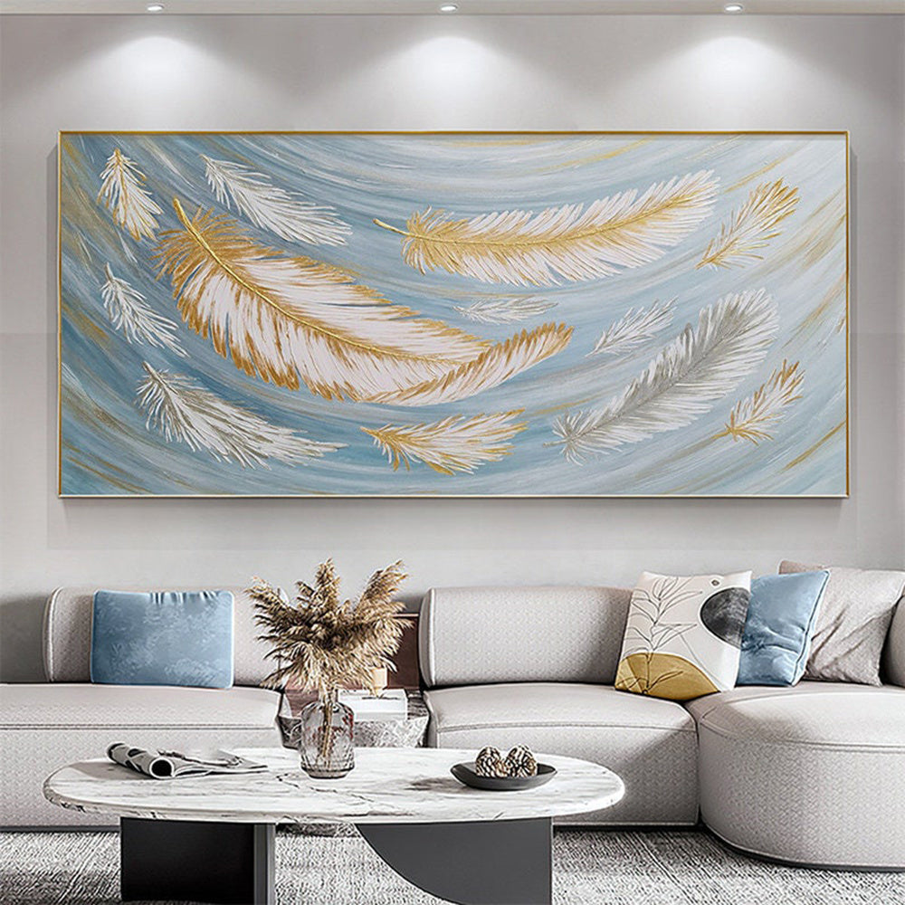 Handmade Oil Painting Abstract Feather Oil Painting on Canvas Large Original Gold White Boho Minimalist Painting Custom Painting Living Room Wall Art Decor