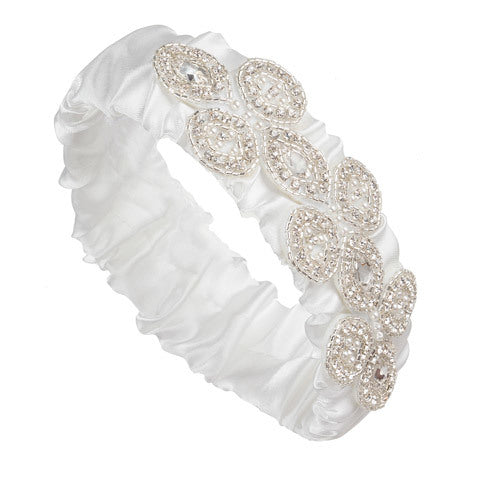 David Tutera White Satin Wedding Garter With Embellished Silver Oval Designs