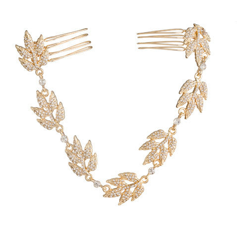 David Tutera Bridal Hair Chain Gold Grecian Leaves With Crystal Rhinestones