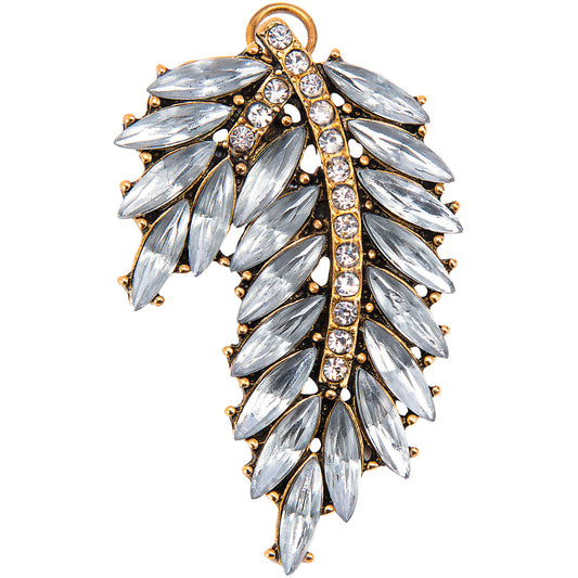 Rhinestone Statement Pendant Metal Leaf Gold and Clear 1.25 X 2.125 Inches