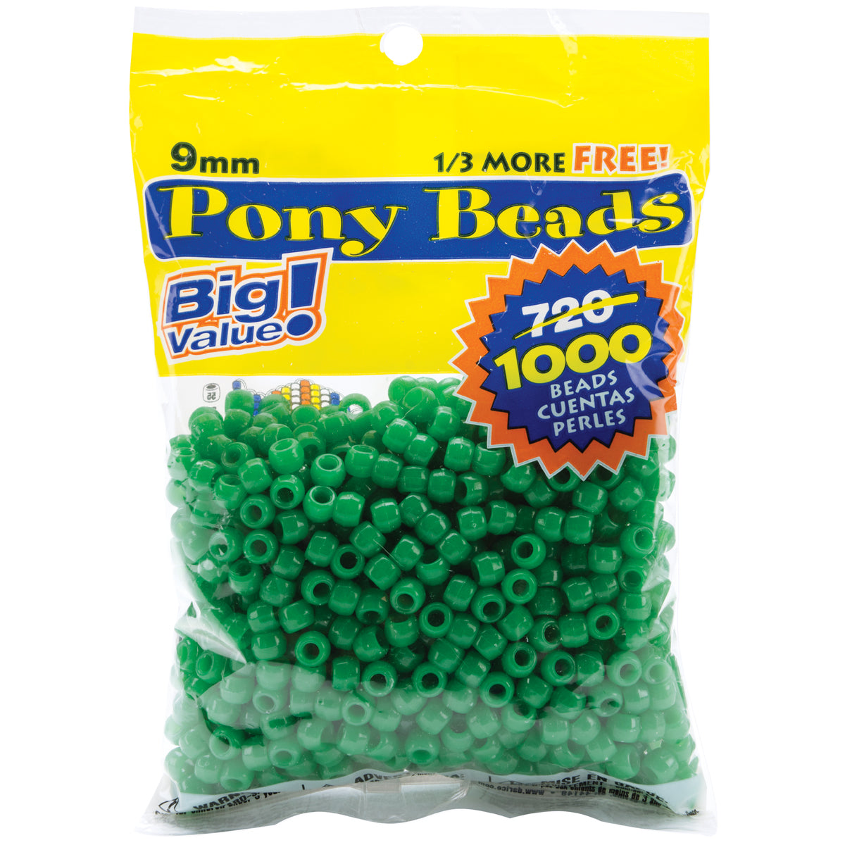 Pony Beads Plastic Opaque Green 9mm Big Value Pack