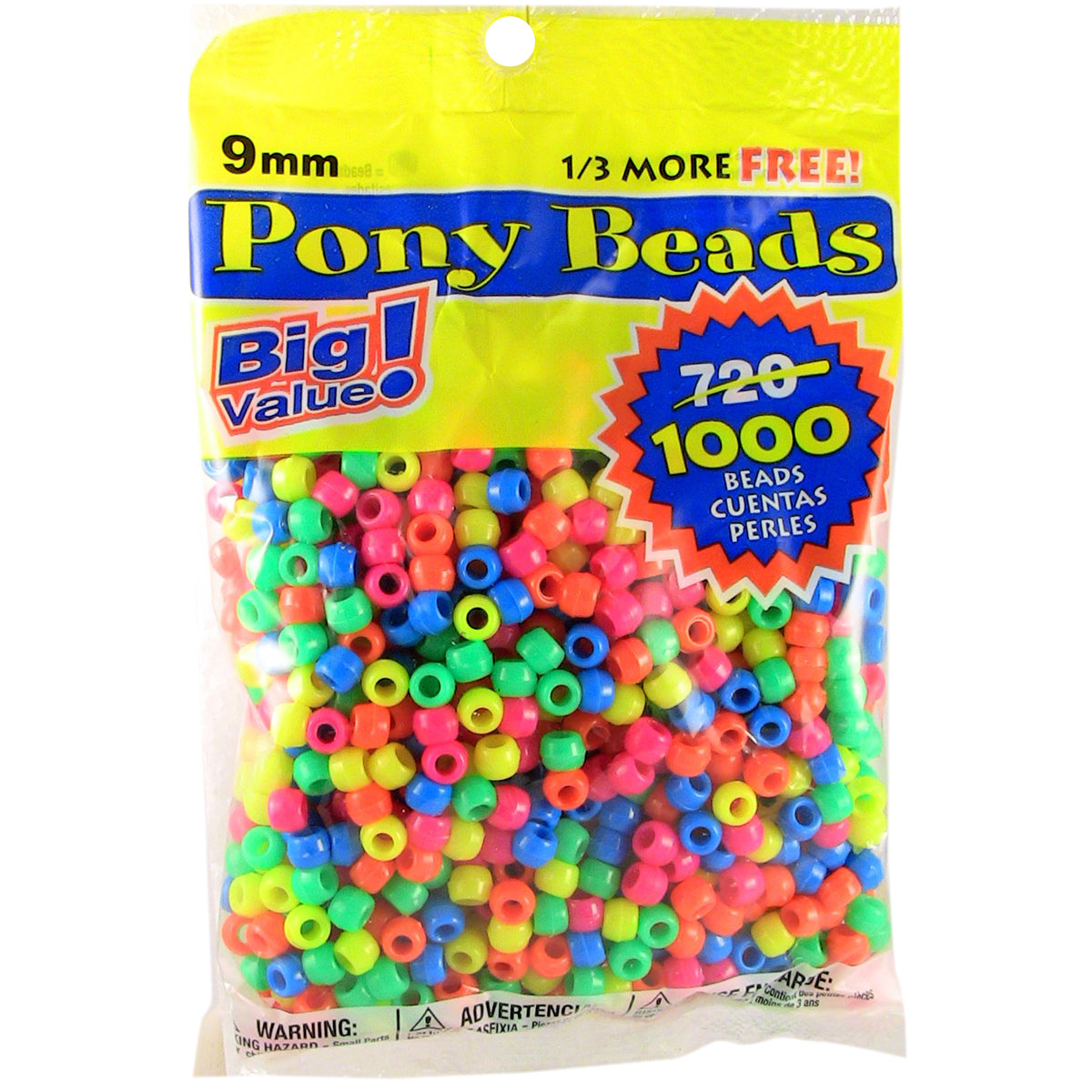 Pony Beads Plastic Opaque Neon 9mm Big Value Pack