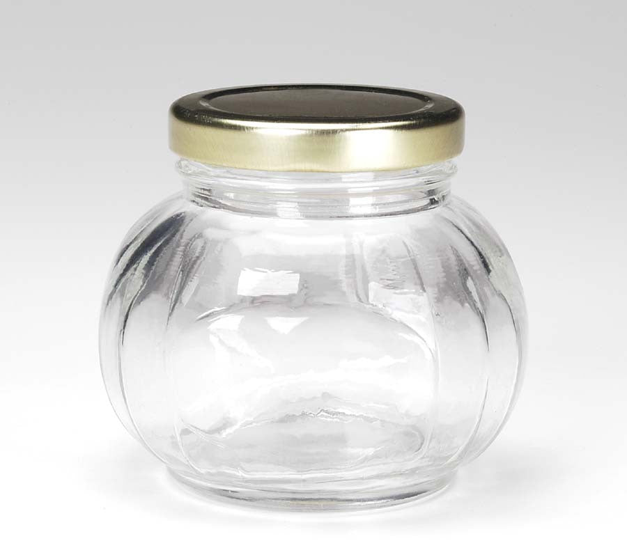 Jar With Metal Lid Clear Glass Melon Shape Holds 7 Oz