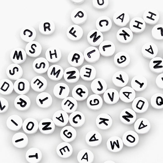 Plastic Alphabet Beads 7mm Round White With Black Letters 7mm