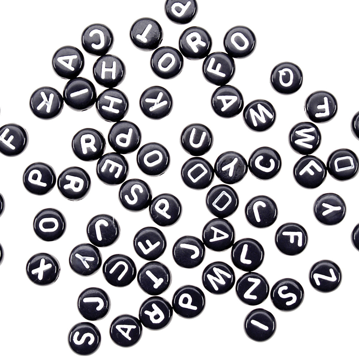 Acrylic Alphabet Beads Round Black with White Letters 7mm