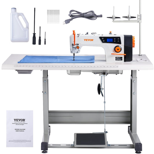 VEVOR Industrial Sewing Machine, 550W Servo Motor and Table Stand, 5000s.p.m Heavy-duty Lockstitch Sewing Machine, Clear Control Panel and Electro-mechanization Intelligent Start-stop for Easy Use