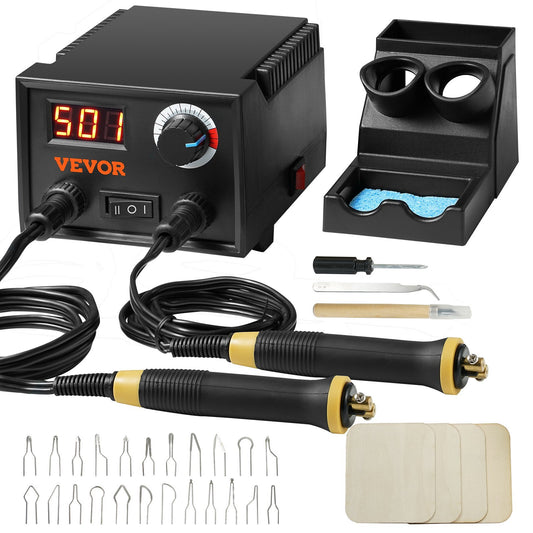 VEVOR Wood Burning Kit, 200~700?C Adjustable Temperature with Display, Dual Output Port with 2 Pyrography Pens, 23 Wire Nibs, 4 Wood Chip, 1 Pen Holder, 1 Screwdriver, 1 Knife, 1 Tweezers, 1 Sponge