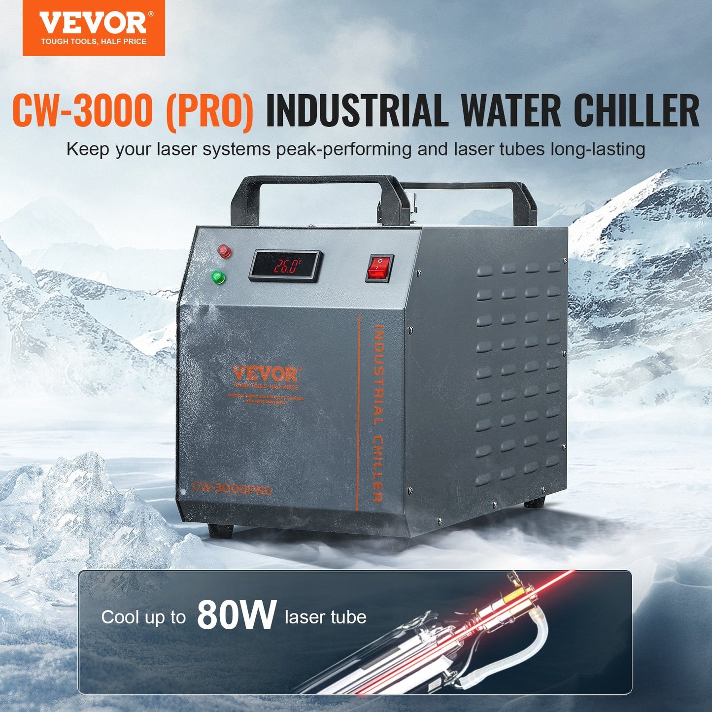 VEVOR Industrial Water Chiller, CW-3000(PRO), 150W Air-Cooled Industrial Water Cooler Cooling System with 12L Water Tank Capacity 18 L/min Max Flow Rate, for Laser Engraving Machine Cooling Machine