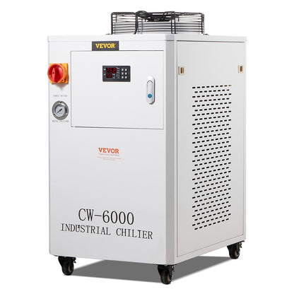 VEVOR Industrial Water Chiller, CW6000, 1500W Industrial Water Cooler Cooling System with Compressor 15L Water Tank Capacity 65 L/min Max Flow Rate, for CO2 Laser Engraving Machine Cooling Machine