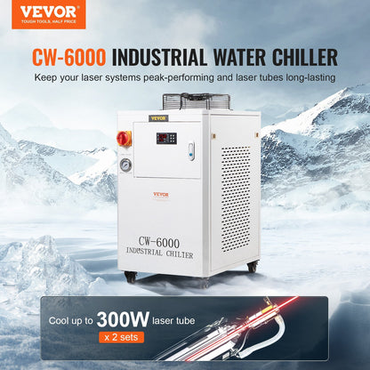 VEVOR Industrial Water Chiller, CW6000, 1500W Industrial Water Cooler Cooling System with Compressor 15L Water Tank Capacity 65 L/min Max Flow Rate, for CO2 Laser Engraving Machine Cooling Machine