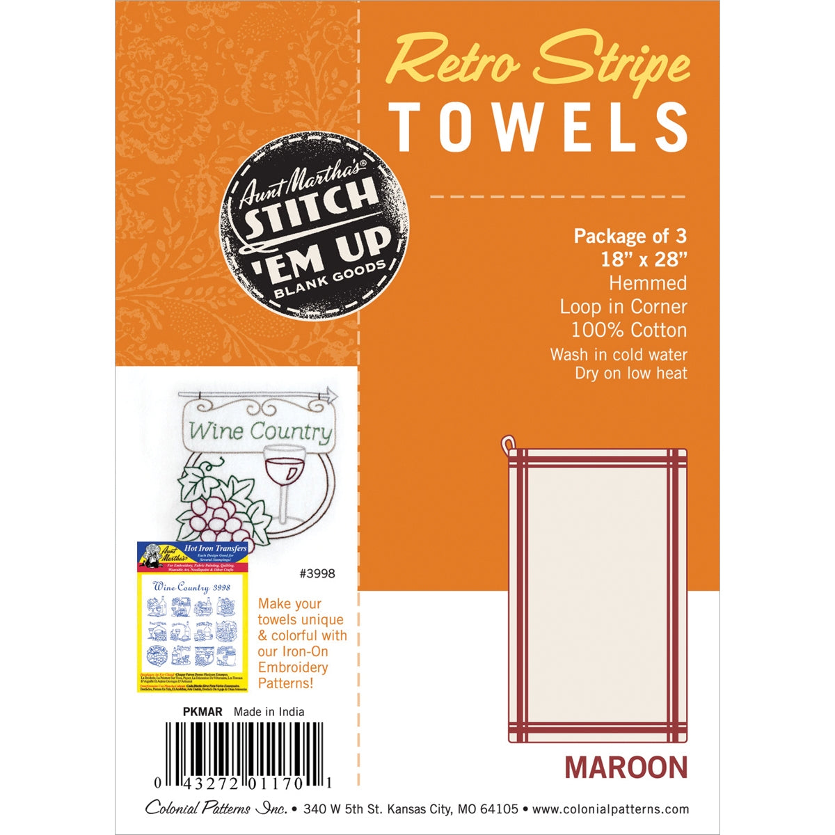 Aunt Marthas Stitch Em Up Retro Stripe Towels 18 X 28 Inch 3 Pk Maroon Stripe