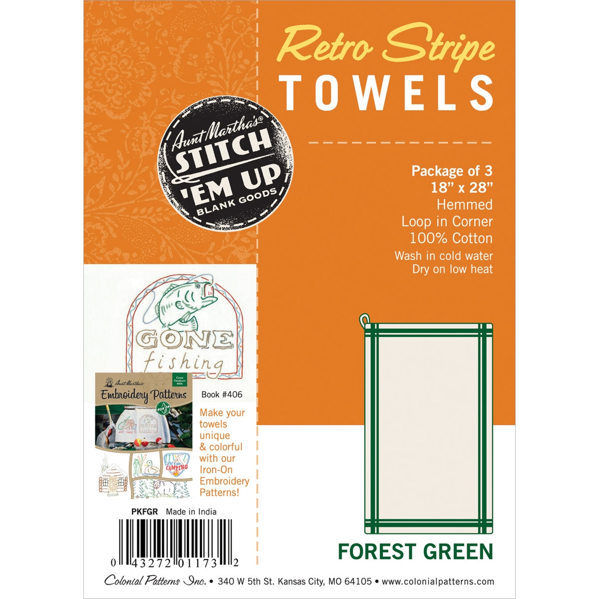 Aunt Martha s Stitch Em Up Retro Stripe Towels 18 X28 inch 3 Pk Forest Green Stripe inch