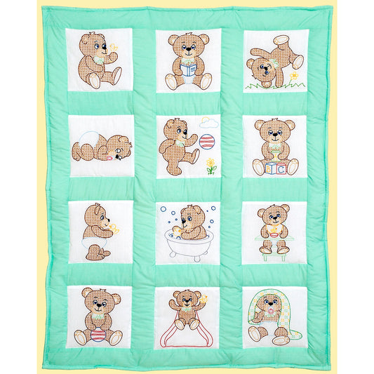 Jack Dempsey Stamped White Nursery Quilt Blocks 9 inch X9 inch 12 Per Pkg Teddy Bears