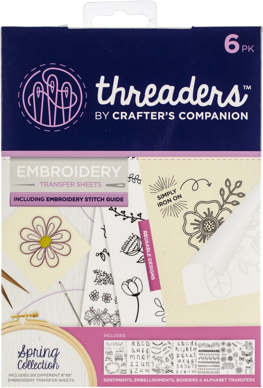 Crafter's Companion Threaders Embroidery Transfer Sheets-Spring Collection 8 inch X8 inch 6 Per Pkg