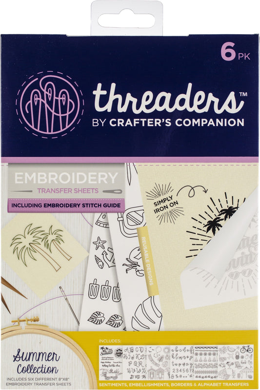 Crafter's Companion Threaders Embroidery Transfer Sheets-Summer Collection 8 inch X8 inch 6 Per Pkg