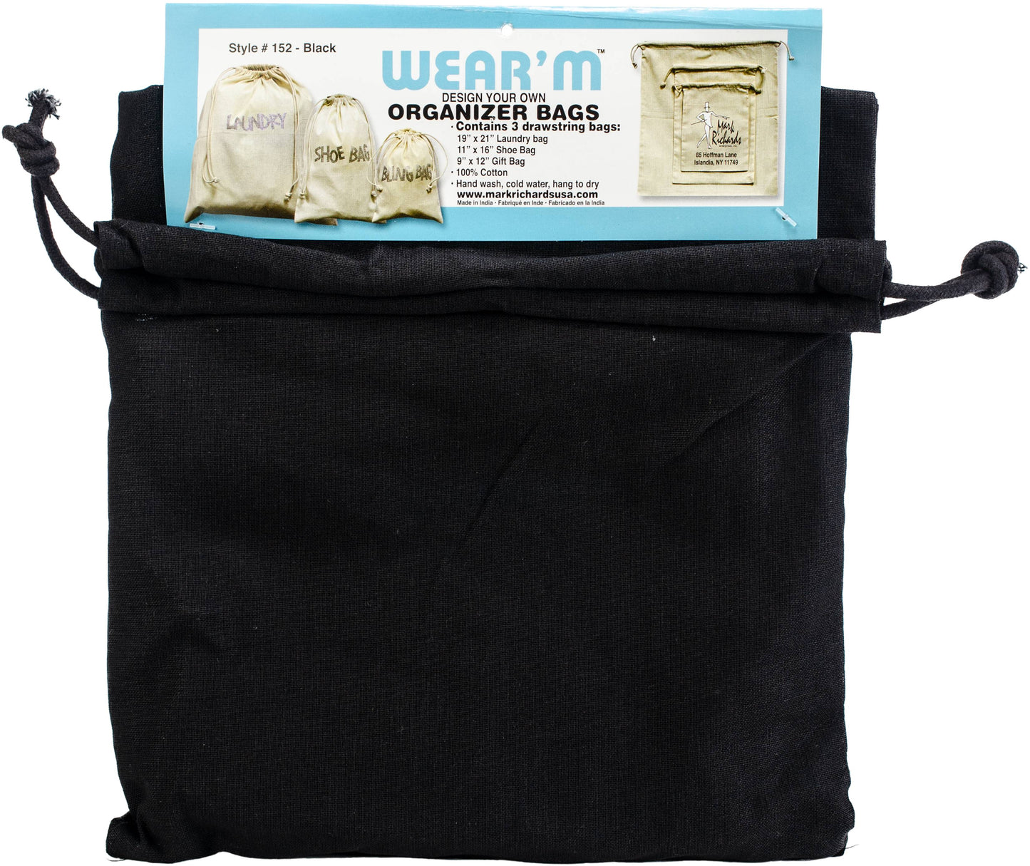 Organizer Bag W/Drawstring 3 Per Pkg Black