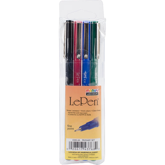 Uchida Le Pen .03mm Point 4 Per Pkg Black, Red, Blue and Green