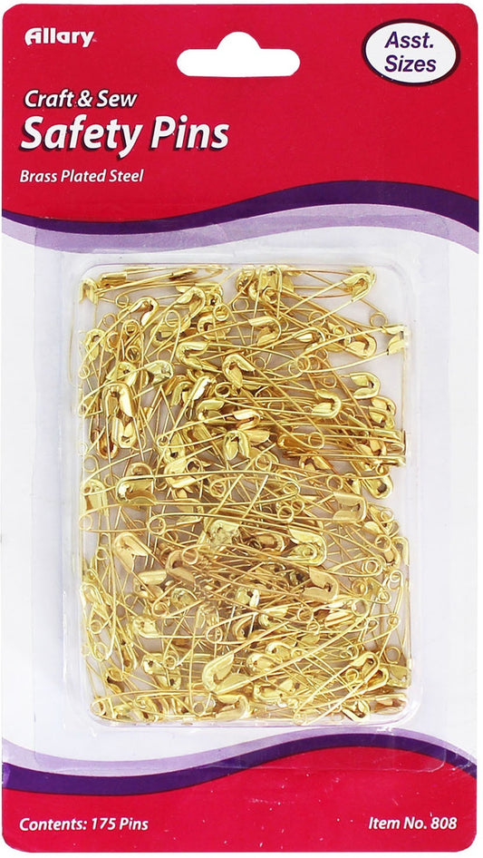 Allary Safety Pins 175 Per Pkg Brass, Assorted Sizes