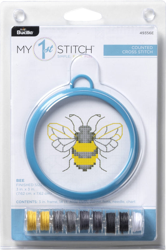 Bucilla My 1st Stitch Mini Counted Cross Stitch Kit 3 Inch Frame Bee14 Count