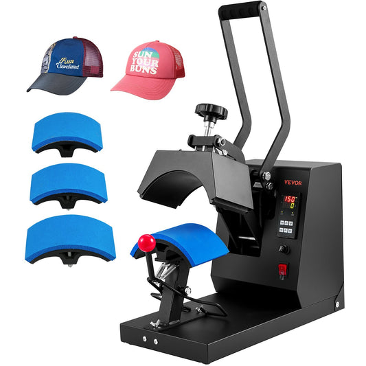 VEVOR Hat Heat Press, 4-in-1 Cap Heat Press Machine, 6x3inches Clamshell Sublimation Transfer, LCD Digital Timer Temperature Control with 4pcs Curved Heating Elements (6x3/6.7x2.7/6.7x2.7/8.1x3.5)