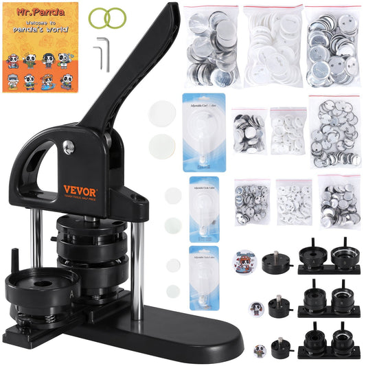 VEVOR Button Maker, 1/1.25/2.28 inch(25/32/58mm) 3-IN-1 Pin Maker, with 300pcs Button Parts, Button Maker Machine with Panda Magic Book, Ergonomic Arc Handle Punch Press Kit, For Children DIY Gifts