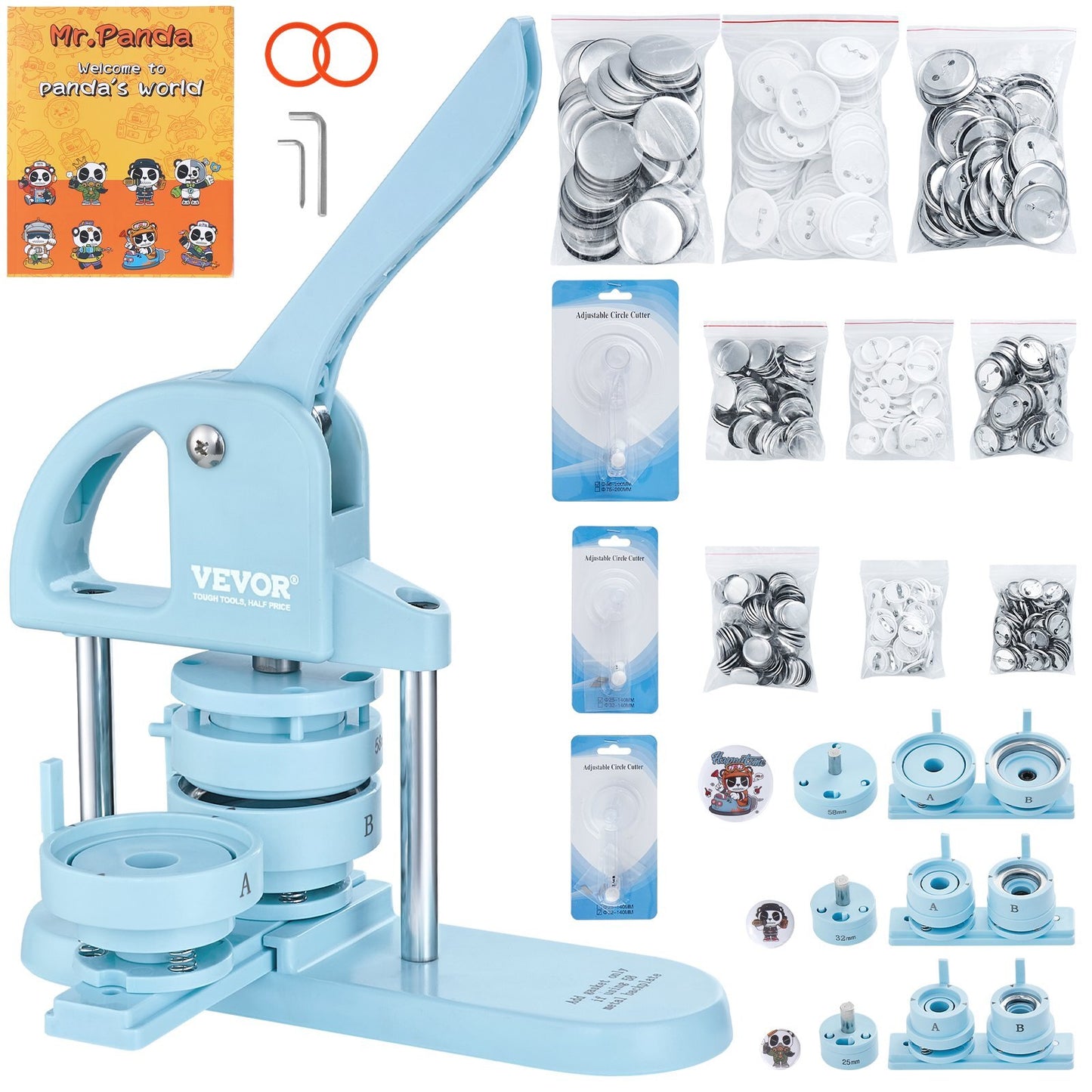 VEVOR 3-IN-1 Button Maker, 1/1.25/2.28 inch(25/32/58mm) Pin Maker, 300pcs Button Parts, Button Maker Machine with Panda Magic Book, Ergonomic Arc Handle Punch Press Kit, For Children DIY Gifts, Blue