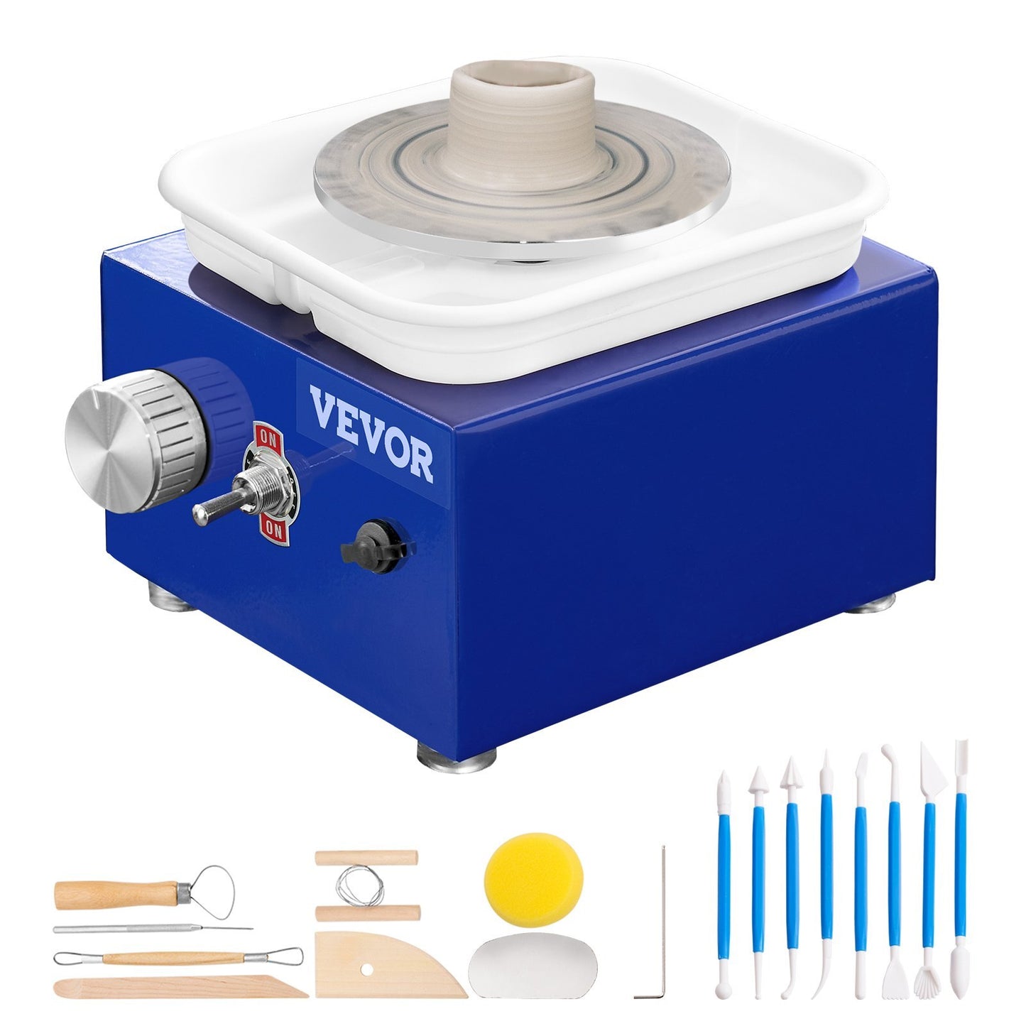 VEVOR Mini Pottery Wheel, for Kids or Beginners, 2 Turntables 2.6in/3.9in Ceramic Wheel Machine, Adjustable 0-300RPM Speed ABS Detachable Basin, 17 Pottery Accessories, Work Art Craft DIY, 30W, Blue