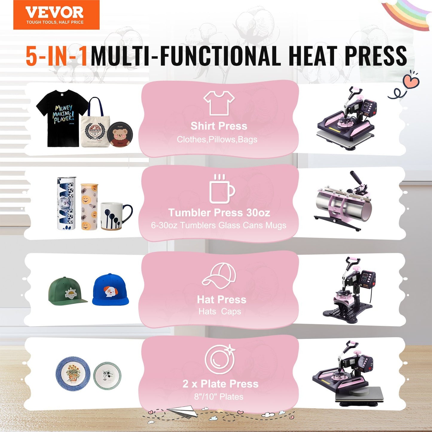 VEVOR 5 in 1 Heat Press Machine 12x15 in 30oz Tumbler Press T-Shirts Black+Pink