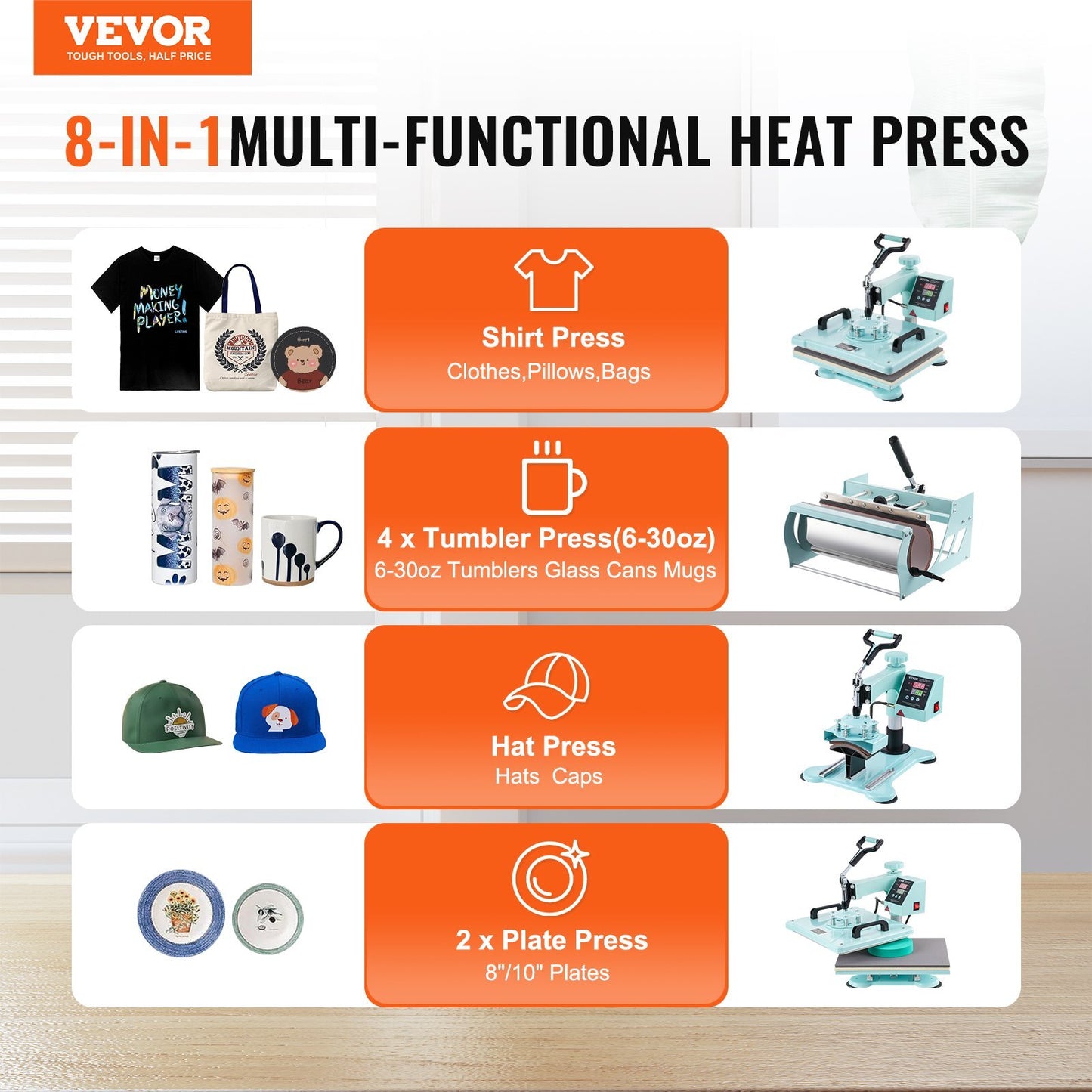 VEVOR Heat Press Machine 12x15 in 8 in 1 with 30oz Tumbler Press T-Shirts Green