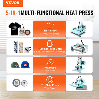 VEVOR Heat Press Machine 15x15 in 5 in 1 with 30oz Tumbler Press T-Shirts Green