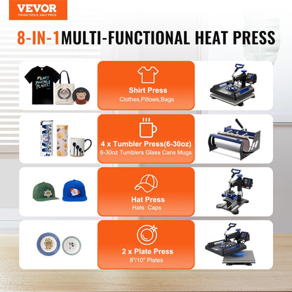 VEVOR 8 in 1 Heat Press Machine 15x15 in 30oz Tumbler Press T-Shirts Black+Blue