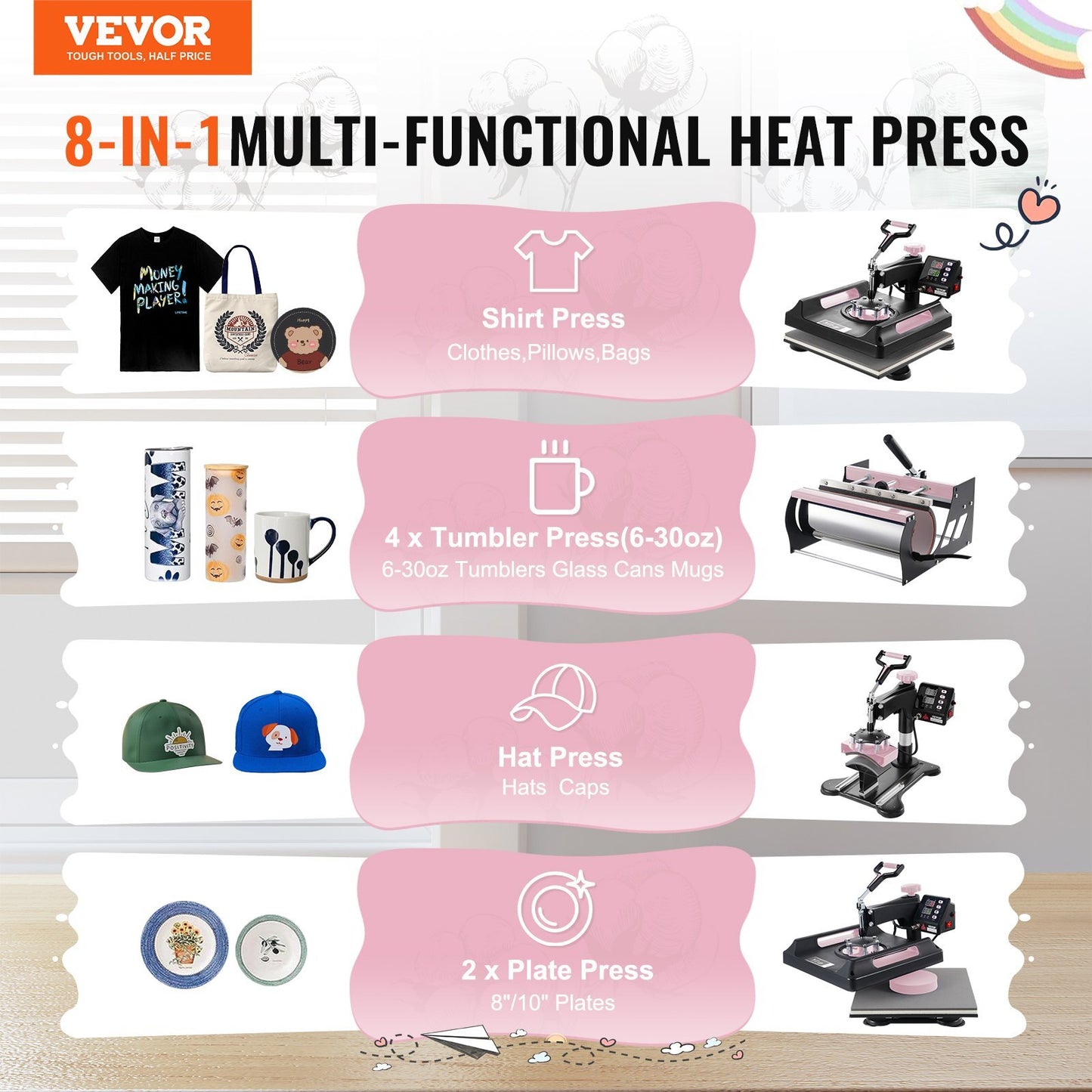 VEVOR 8 in 1 Heat Press Machine 15x15 in 30oz Tumbler Press T-Shirts Black