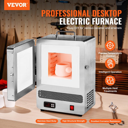 VEVOR Electric Kiln, 1500W Electric Melting Furnace, Max Temperature 2192?F/1200?C, Stainless Steel Electric Furnace for Wax Casting, Metal Clay DIY, Metal Tempering , Glazing on Pottery