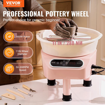 VEVOR Pottery Wheel, 11 inch Pottery Forming Machine, Direct Drive Ceramic Wheel with 3 Support Legs for DIY Art Craft, 450W Electric Wheel for Pottery with Foot Pedal and LCD Touch Screen, Pink