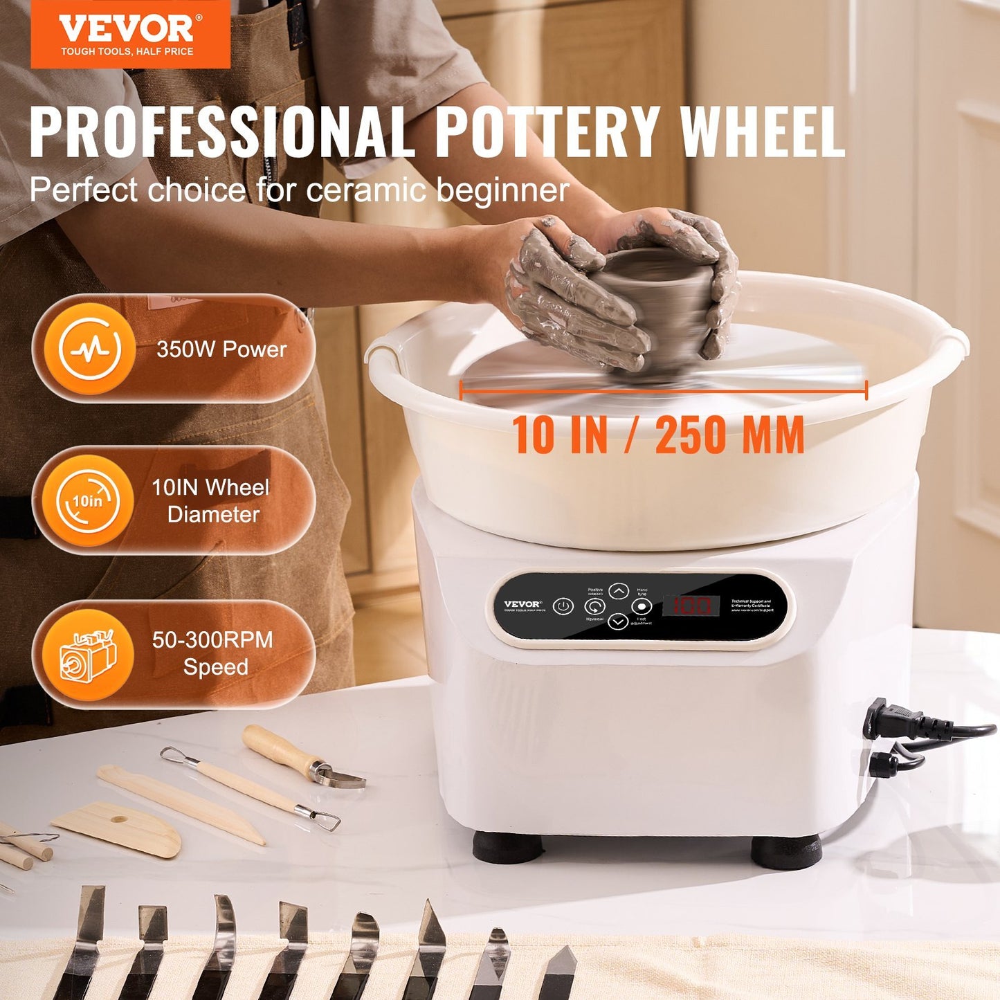 VEVOR Pottery Wheel, Direct Drive Ceramic Wheel with Shaping Tools for DIY Art Craft, 10 inch Pottery Forming Machine, 350W Electric Wheel for Pottery with Foot Pedal and LCD Touch Screen,  White