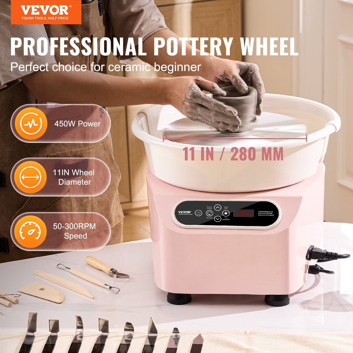 VEVOR Pottery Wheel, 11 inch Pottery Forming Machine, 450W Electric Wheel for Pottery with Foot Pedal and LCD Touch Screen, Direct Drive Ceramic Wheel with Shaping Tools for DIY Art Craft, Pink