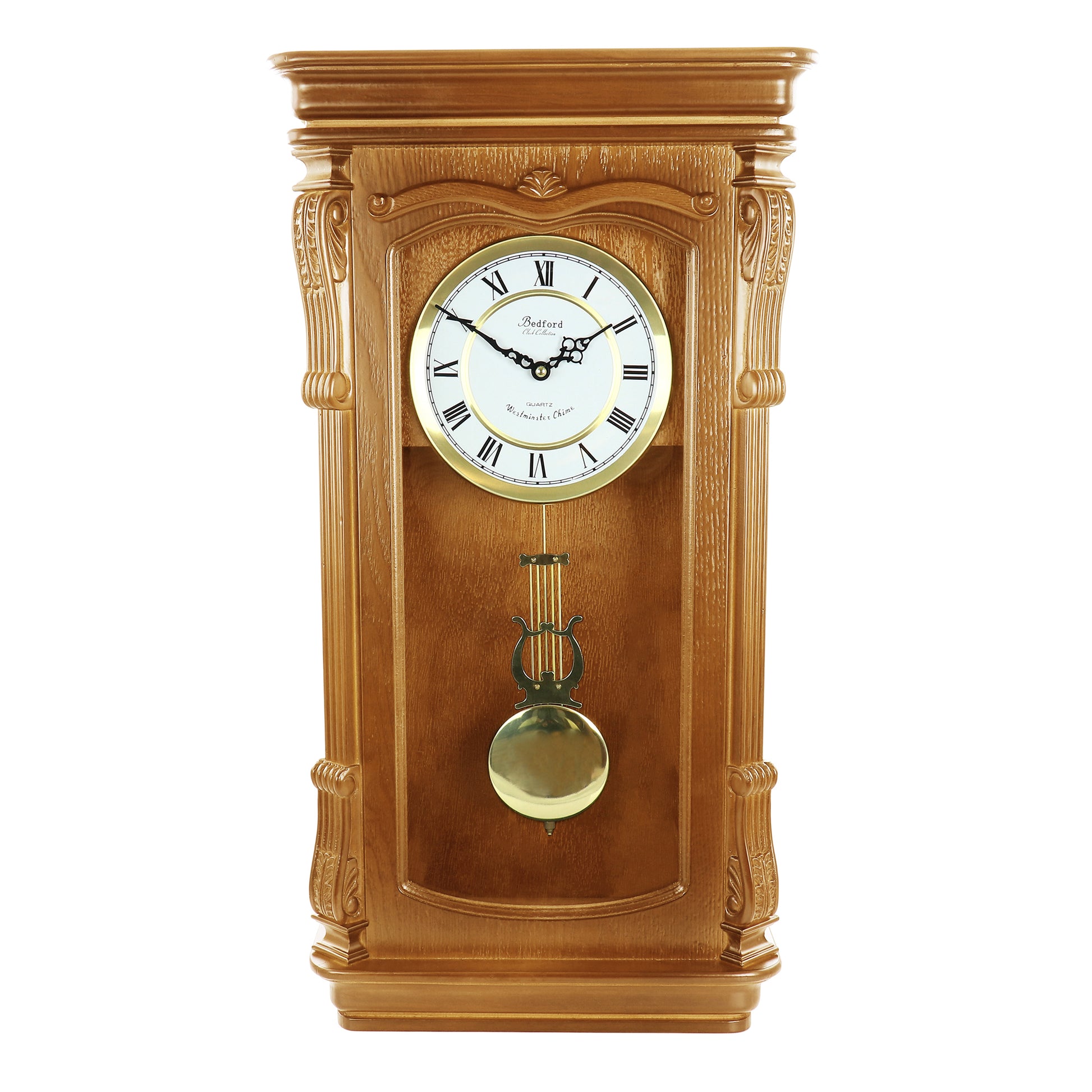 Bedford Clock Collection Bedford Clock Collection Golden Oak Chiming Pendulum Wall Clock