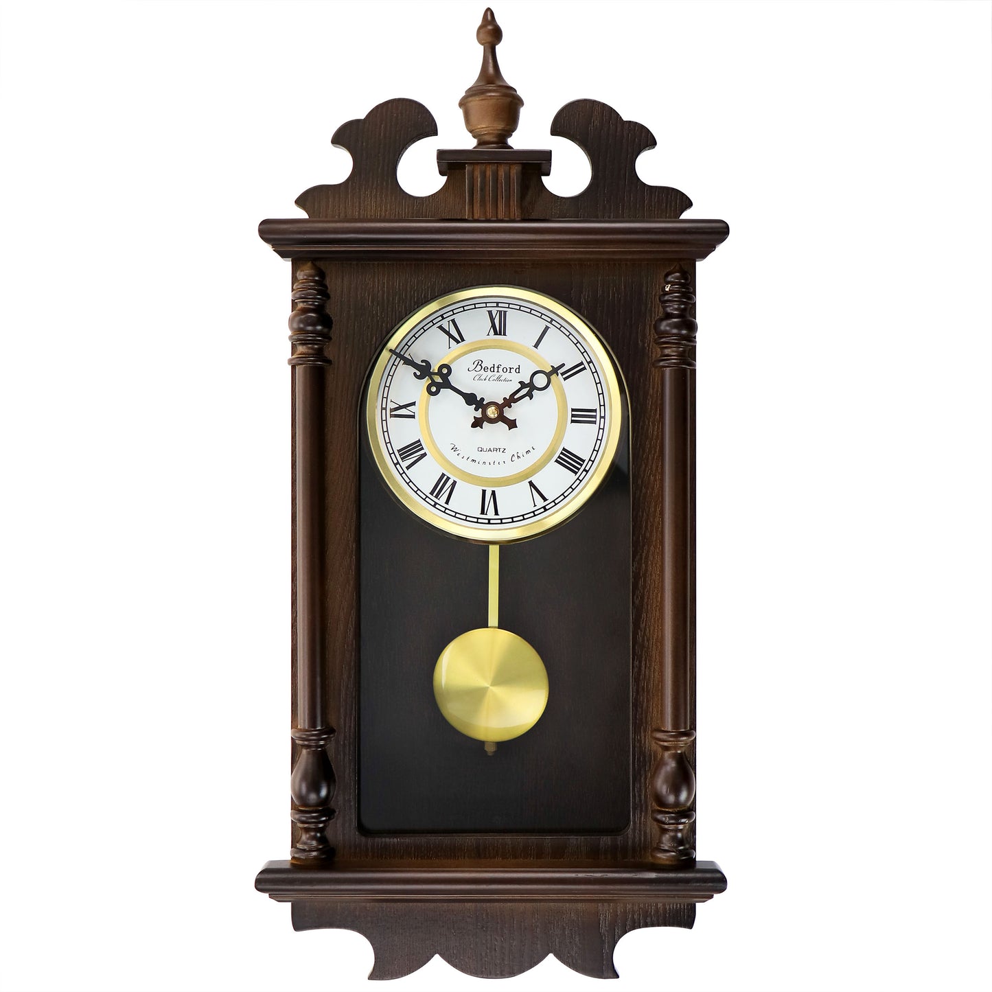 Bedford Clock Collection Bedford Clock Collection Leo 21 Inch Chestnut Wood Chiming Pendulum Wall Clock