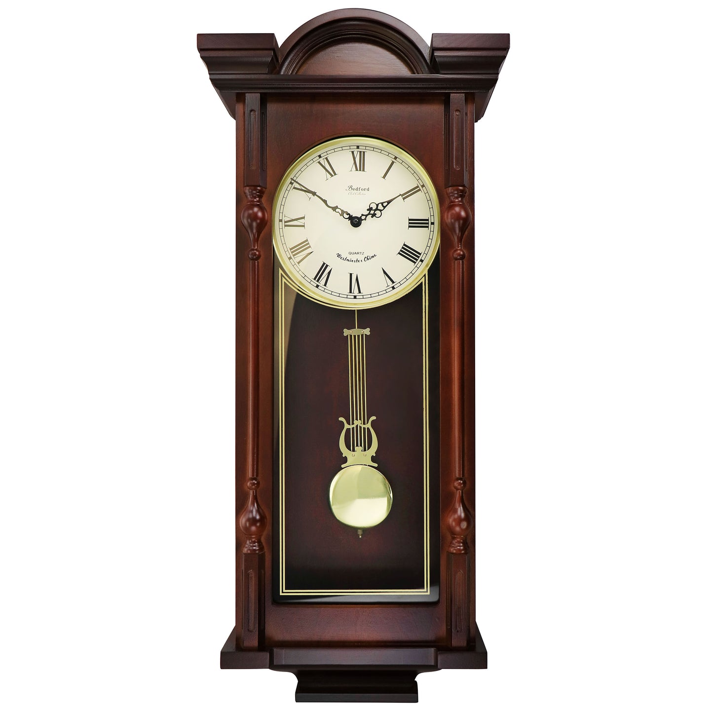 Bedford Clock Collection Bedford Clock Collection Grand 31 Inch Chiming Pendulum Wall Clock in Antique Mahogany Cherry Finish