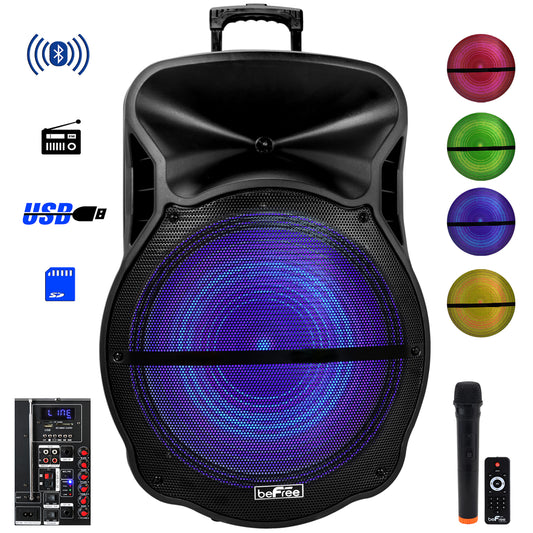 beFree Sound beFree Sound 18 Inch Bluetooth Portable Rechargeable Party Speaker with Sound Reactive LED Party Lights, USB/SD, Microphone/Guitar Inputs and FM Radio