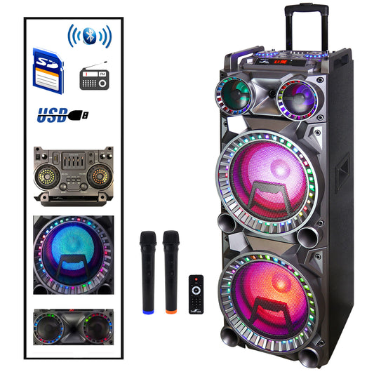 beFree Sound Befree Sound 700W Dual 10 Inch Subwoofer Bluetooth Portable Party Speaker with Sound Reactive Party Lights, USB/ SD Input, Rechargeable Battery, Remote Control And 2 Wireless Microphones