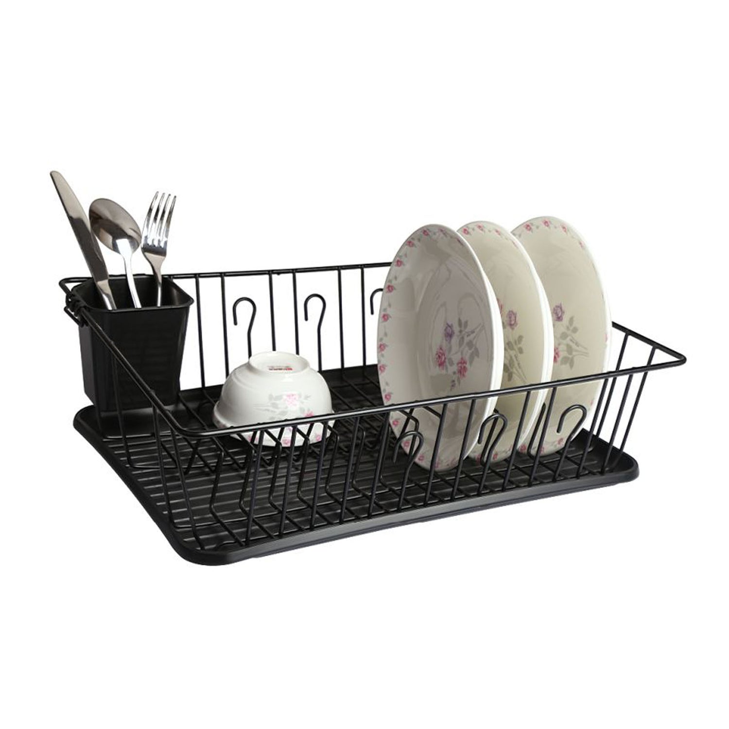 MEGACHEF MegaChef 17.5 Inch Black Dish Rack with 14 Plate Positioners and a Detachable Utensil Holder