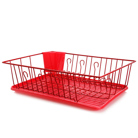 MEGACHEF MegaChef 17.5 Inch Red Dish Rack with 14 Plate Positioners and a Detachable Utensil Holder