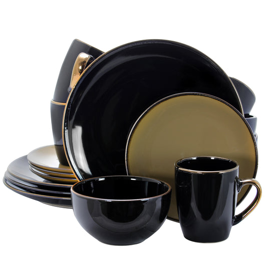 Elama Elama Cambridge Grand 16-Piece Dinnerware Set in Luxurious Black and Warm Taupe with Complete Setting for 4