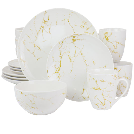 Elama Elama Fine Marble 16 Piece Stoneware Dinnerware Set in Gold and White