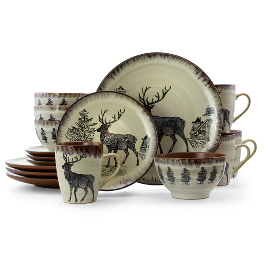 Elama Elama Majestic Elk 16 Piece Luxurious Stoneware Dinnerware with Complete Setting for 4