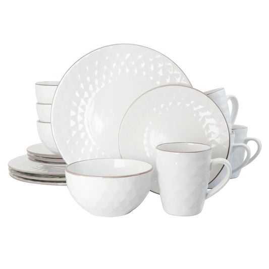 Elama Elama's Luxurious Medici Pearl 16 Piece Dinnerware Set in Slate and Stone Pearl with Setting for 4