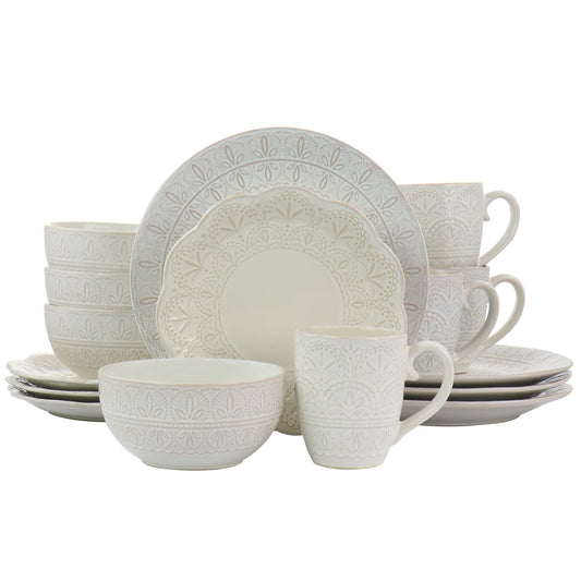 Elama Elama White Lace 16 Piece Luxurious Stoneware Dinnerware with Complete Setting for 4