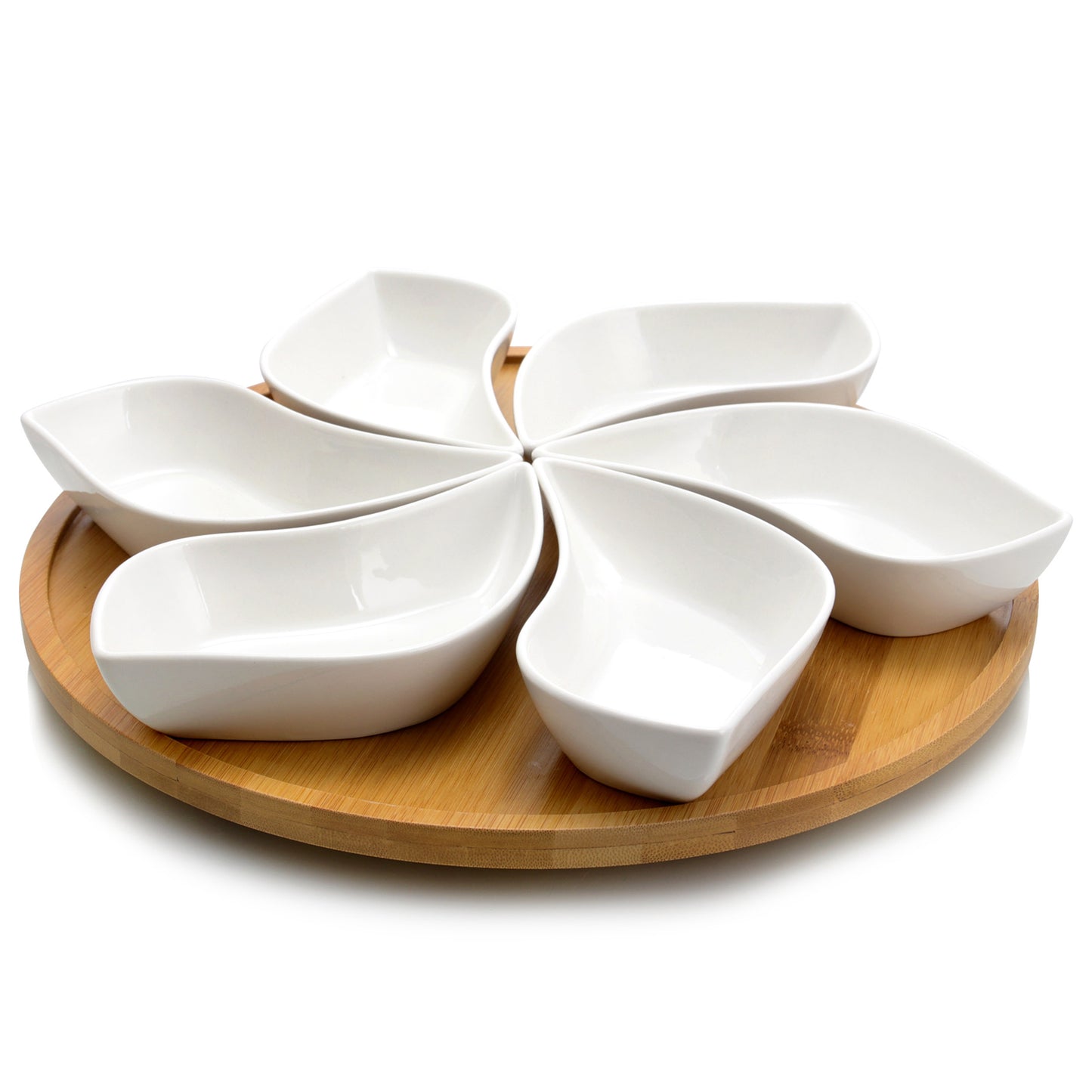 ELAMA SIGNATURE Elama Signature Modern 13.5 Inch 7pc Lazy Susan Appetizer and Condiment Server Set with 6 Unique Design Serving Dishes and a Bamboo Lazy Suzan Serving Tray